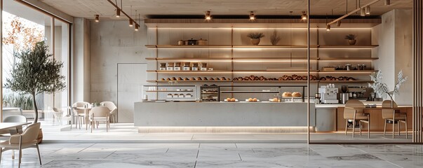 Modern bakery cafe interior, patrons enjoying coffee and croissants, minimalist style, soft grays and light wood tones, digital render