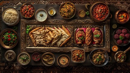 Fototapeta premium Middle Eastern cafe menu, ornate Arabic calligraphy, detailed illustrations of falafel and kebabs, rich burgundy and gold colors