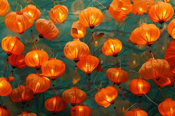 Multiple illuminated orange chinese paper lanterns against a dark backdrop