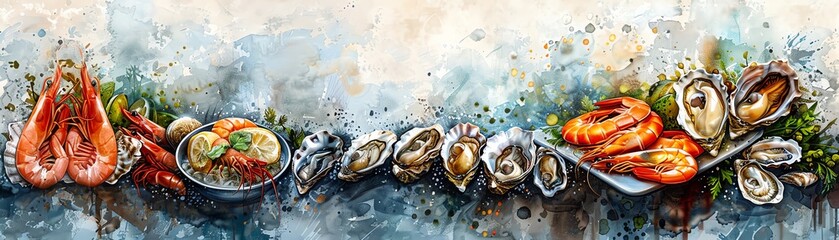 Seafood restaurant menu, watercolor oceanic background, detailed illustrations of seafood platters and oysters, nautical motifs, cool blues and sandy beige tones