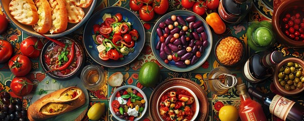 Spanish tapas bar menu, colorful mosaic design, illustrations of tapas plates and sangria, festive reds and yellows