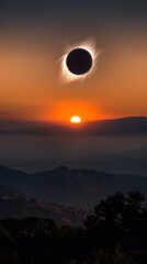 Spectacular Solar Eclipse Over Tranquil Landscape: Captivating Moment Totality and Corona Radiate Illuminating Darkness