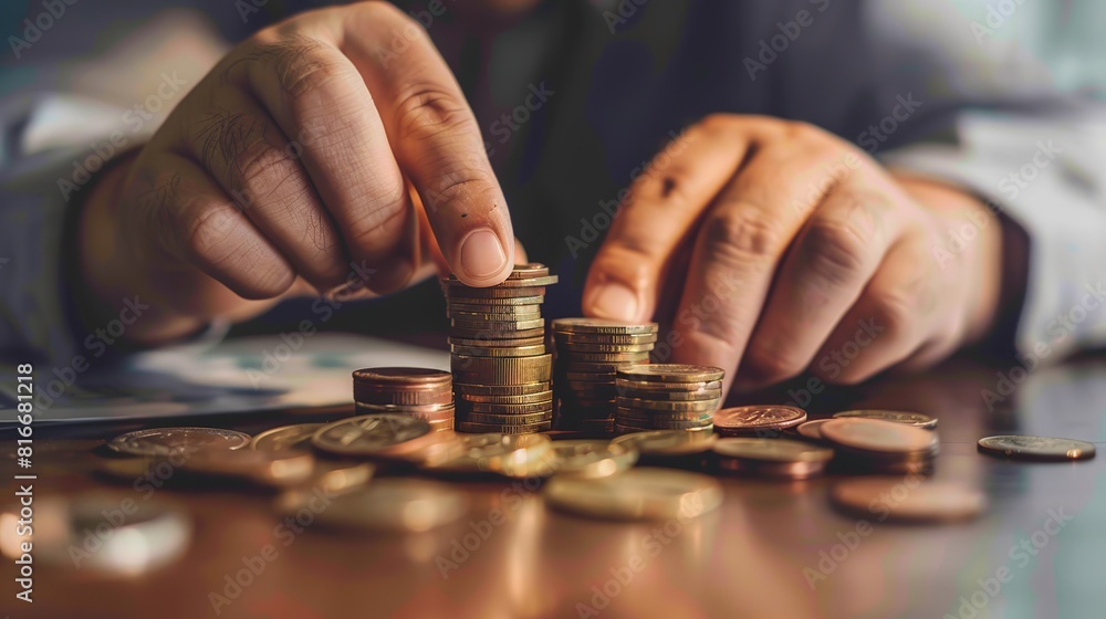 Poster A man is holding a pile of coins on a table. The coins are of different sizes and colors, and they are stacked on top of each other. Concept of wealth and abundance