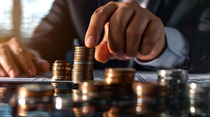 A man is holding a pile of coins on a table. The coins are of different sizes and colors, and they are stacked on top of each other. Concept of wealth and abundance