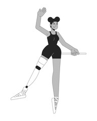 Black ballerina with leg prosthesis black and white 2D line cartoon character. African american female dance isolated vector outline person. Life with disability monochromatic flat spot illustration