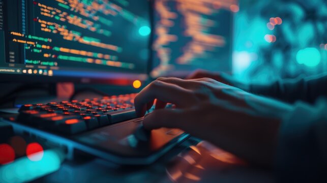 Close-up of a programmer's hands typing on a backlit keyboard, with lines of code displayed across multiple computer screens. AIG41