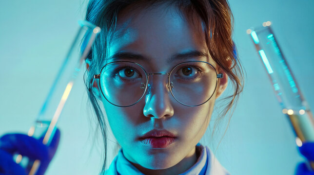 Woman scientist in laboratory holding test tubes and beakers. Chemical research. Female scientist conducts an experiment in the laboratory. Image in vivid colors. 
