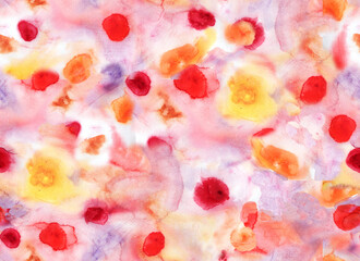 Abstract watercolor seamless pattern with bright red spotted and particles. Rapport with red, purple, scarlet, magenta, brown, peach fuzz spots.