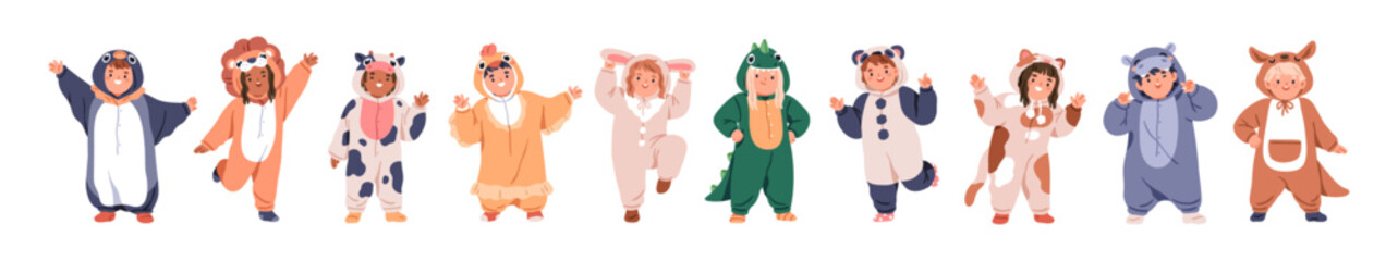 Kids in animal kigurumi onesies. Funny characters disguised in costumes. Happy children wearing dinosaur, kangaroo, lion, cow pajamas, jumpsuits. Flat vector illustration isolated on white background