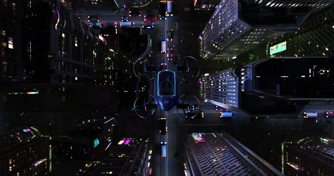 Urban Mobility Contrasts: EVTOL Flying Over Bustling City Center While Electric Cars Jammed on Roads Below