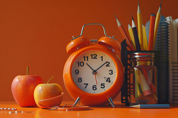 Orange alarm clock with red apple and school equipment. Back to school concept background 3D Rendering, 3D Illustration