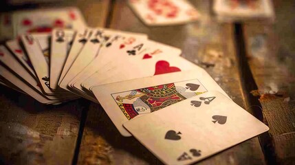 A series of playing cards fanned out on a table with dramatic lighting