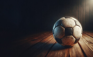 vintage soccer ball on a wooden floor, photo realistic illustration
