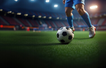 legs of a soccer player and ball, inside a stadium, photo realistic illustration