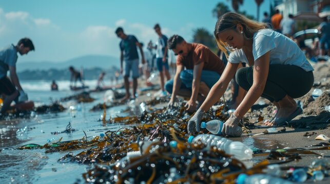 Group of people cleaning beach together, volunteer picking up plastic waste on the beach