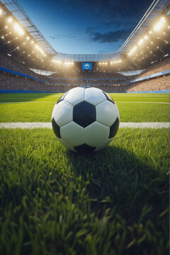 Fototapeta soccer ball on turf inside a stadium, night game, photo realistic illustration