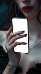 Woman hand hold smartphone mockup on beauty jewelry background. Luxury Mobile phone blank screen template