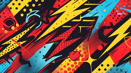 A colorful abstract painting with splatters of paint and a lot of dots. The painting is full of energy and movement, with bright colors and bold lines. It seems to be a representation of chaos