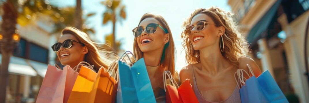 Friends Enjoying Shopping Day at Sunny Mall Boulevard