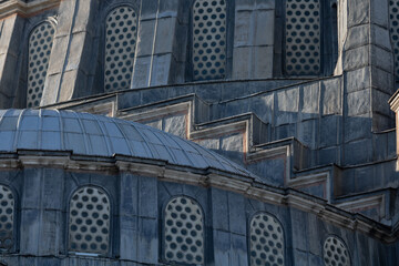Architectural details of Suleymaniye Mosque in focus.