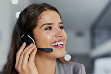 Call center, discussion and woman with microphone for telemarketing, support and consulting as...