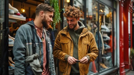 Obraz premium Stylish Men Comparing Savvy Purchases Outside Trendy Retail Store
