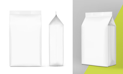 Vertical bag mockup. Flat bottom bag. Front, side, half side view. High realistic. Vector illustration isolated on white background. Ready for use in presentation, promo, advertising and more. EPS10.