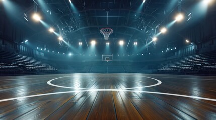 View of an empty basketball court Clean and ready Sports field with flashlights and fans
