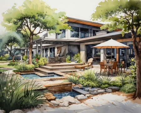 A landscaper redesigning a backyard, focusing on the transformation and enhancement of outdoor living spaces  focus on  backyard  ethereal  Multilayer  plants and trees backdrop