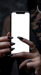 Woman hands hold smartphone mockup. Beauty app, online shopping, selecting clothes. Mobile phone blank screen template