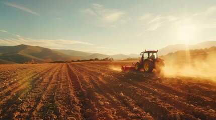 Fototapeta premium Farmer plowing the land using tractor in the afternoon. Modern agricultural industry concept.