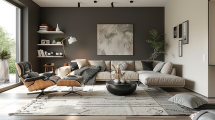 Contemporary Living Room with Neutral Decor and Cozy Furniture in a Modern Style, Featuring Beige and Light Brown for a Calm and Inviting Home Space