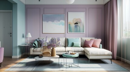 Modern Living Room with Pastel Accents and Cozy Furniture in a Contemporary Style, Featuring Pastel Pink and Light Gray for a Calm and Inviting Home Space