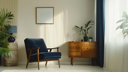 Minimalist Living Room with Blue Accents and Cozy Furniture in a Modern Style, Featuring Teal Blue and Light Beige for a Calm and Inviting Home Space