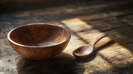 Empty wooden bowl with spoon, isolated on white background