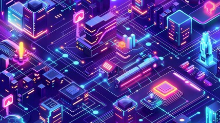 3D modern illustration of a smart city, ai trains driving through a hub with microcircuits, neon glowing buildings and urban architecture, artificial intelligence technology.