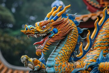 Fototapeta premium Colorful dragon sculpture with intricate details, embodying asian cultural art