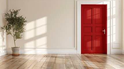 Fototapeta premium Modern Living Room with Red Accent Door and Simple Decor in a Contemporary Style, Featuring Crimson Red and Light Beige for a Bold and Inviting Home Space