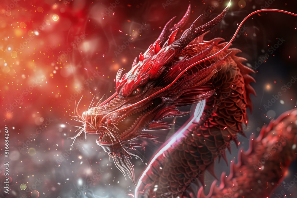 Poster stunning 3d rendering of a detailed red dragon with an intense, sparkling backdrop