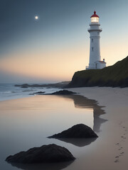 海岸の崖の上に立つ灯台の風景 夜明けの空と月明かりが映し出す静かなビーチと波の風景