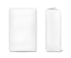 Vertical bag package mockup. Front and side view. Vector illustration isolated on white background. Easy to use for presentation your product, idea, promo, design. EPS10.