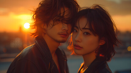 Portrait of an Asian man and woman with pixie bob hairstyle on a city rooftop, The soft backlight and gentle wind create a fashionable, modern look, ideal for editorial and magazine photography.