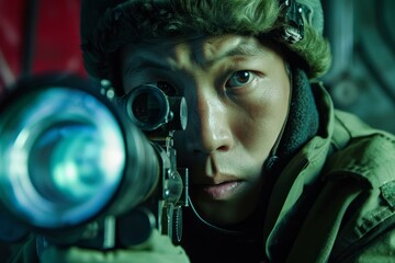 Naklejka premium Closeup of a focused soldier with aiming down sights of a rifle during a night operation