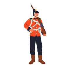 18th, 19th century soldier in military uniform with rifle. Historical English warrior in vintage red jacket with musket. British infantryman. Flat vector illustration isolated on white background