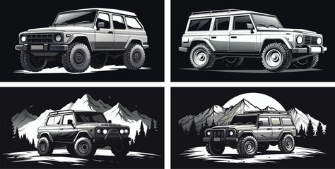 Set of Offroad 4x4 Cars on Mountain Adventure Trails – Extreme Outdoor Expedition Vehicles in Rugged Terrain Landscape Collection