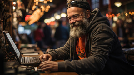 Man Working on Laptop in Bicycle Repair Shop with Festive Lighting