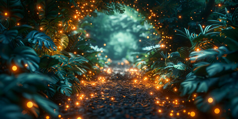 Mystical jungle pathway illuminated by magical lights, suitable for fantasy-themed illustrations and storytelling.