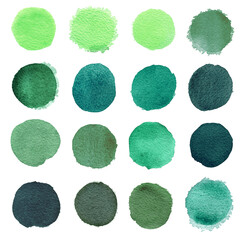 Set of Blue mint watercolor circles isolated on a white background. Watercolour blue, mint, green circles
