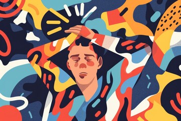 A man looking stressed while holding his head in his hands. Suitable for illustrating stress, headache, or frustration