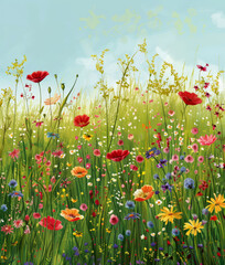 Naklejka premium Meadow with wild flowers colorful floral and plant